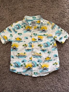 365 Kids Shark & Island Print Button-Down Shirt - White/Blue/Yellow